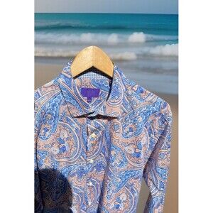 Tallia LS Flip Cuff Shirt Blue Orange Paisley 100% Cotton Mens Large 16.5